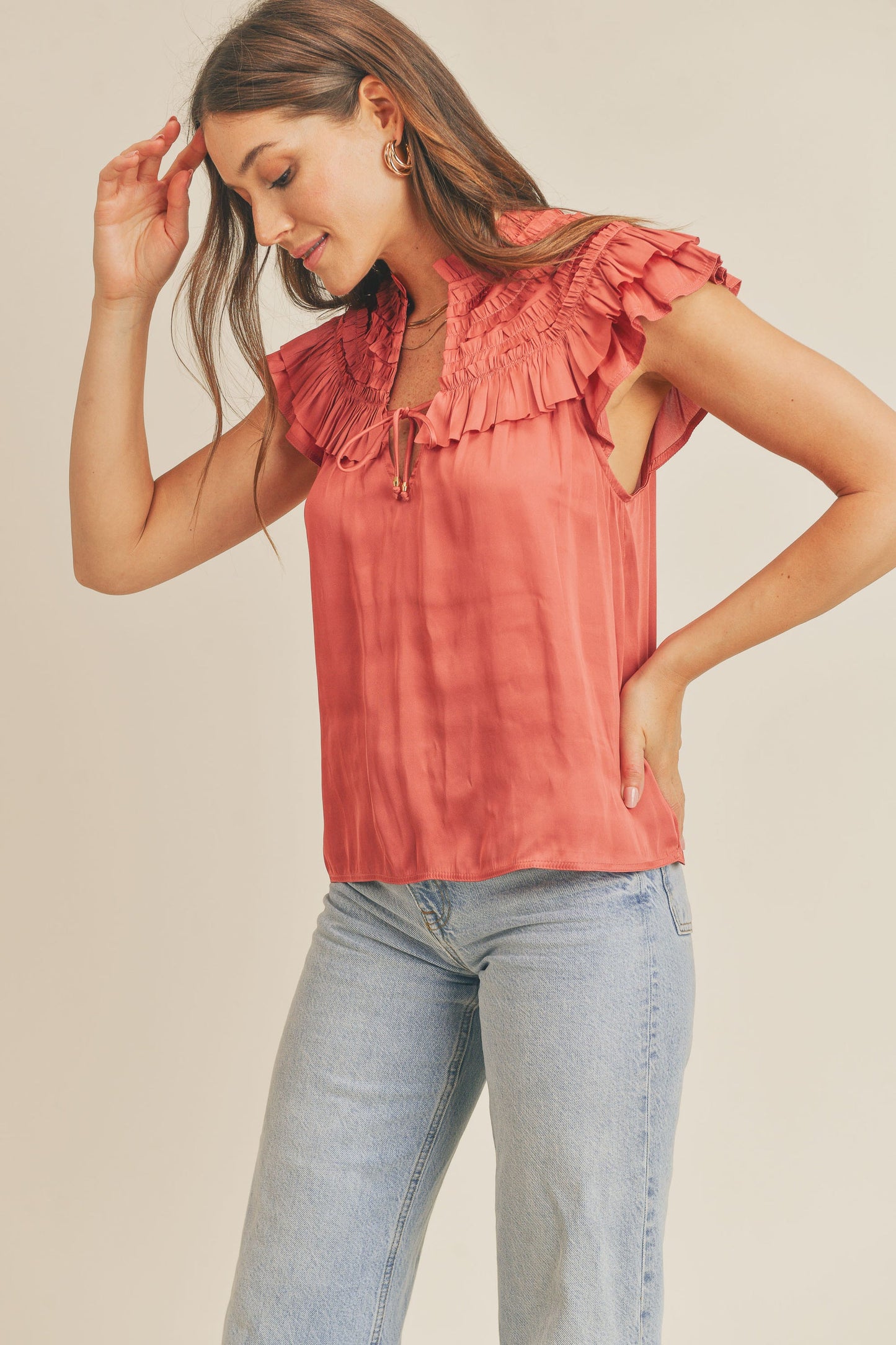 Short Sleeve Ruffle Shoulder Top