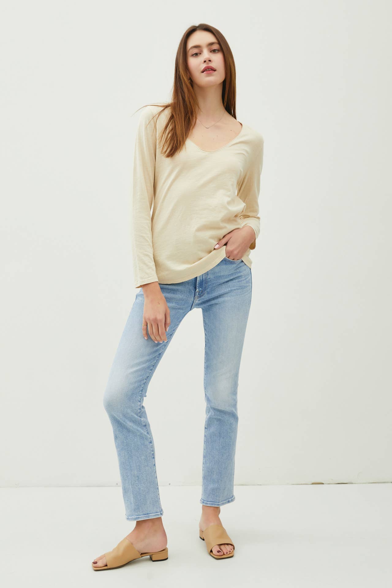 Cotton V-Neck Long Sleeve- Beige