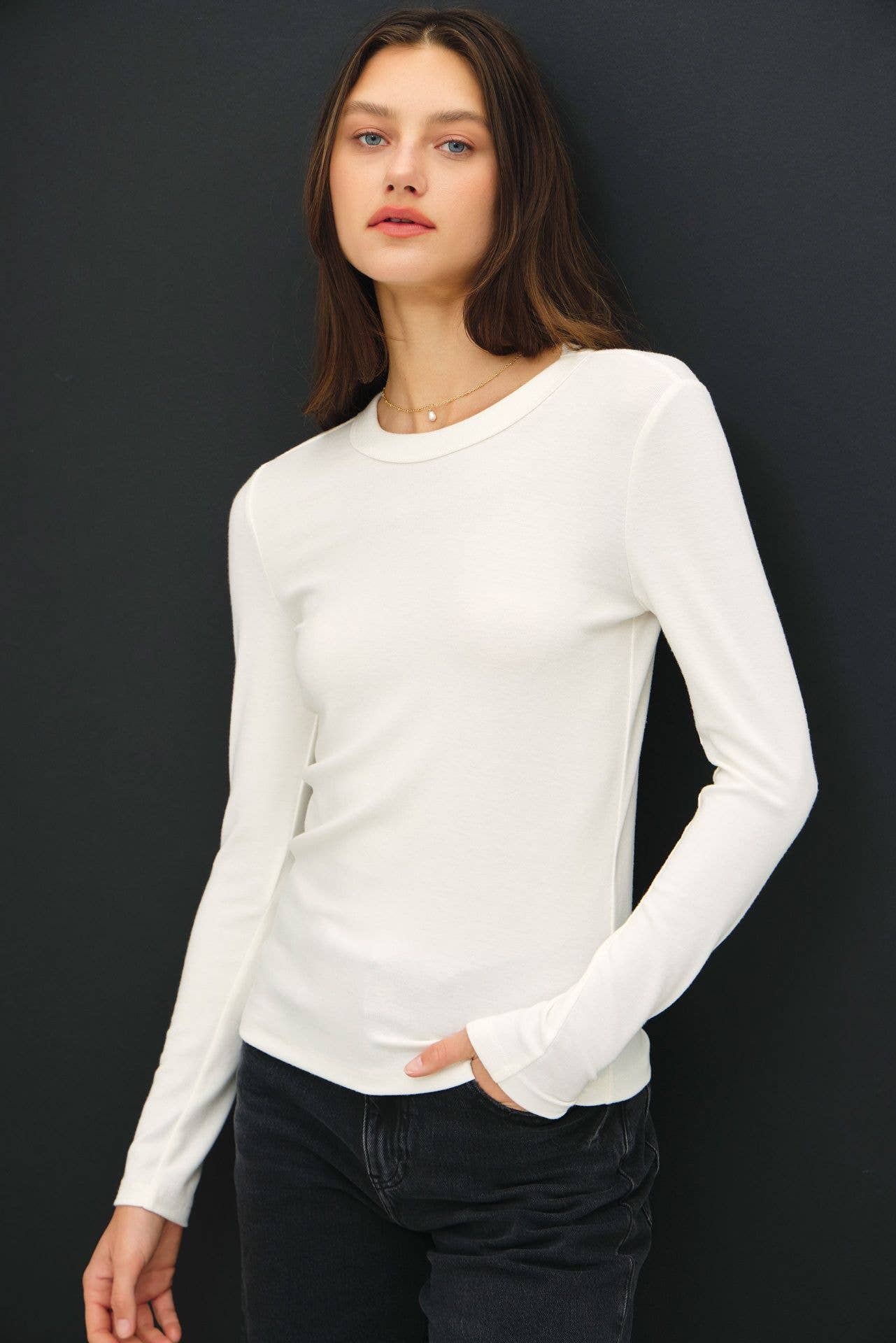 Round Neck Long Sleeve Top- Ivory
