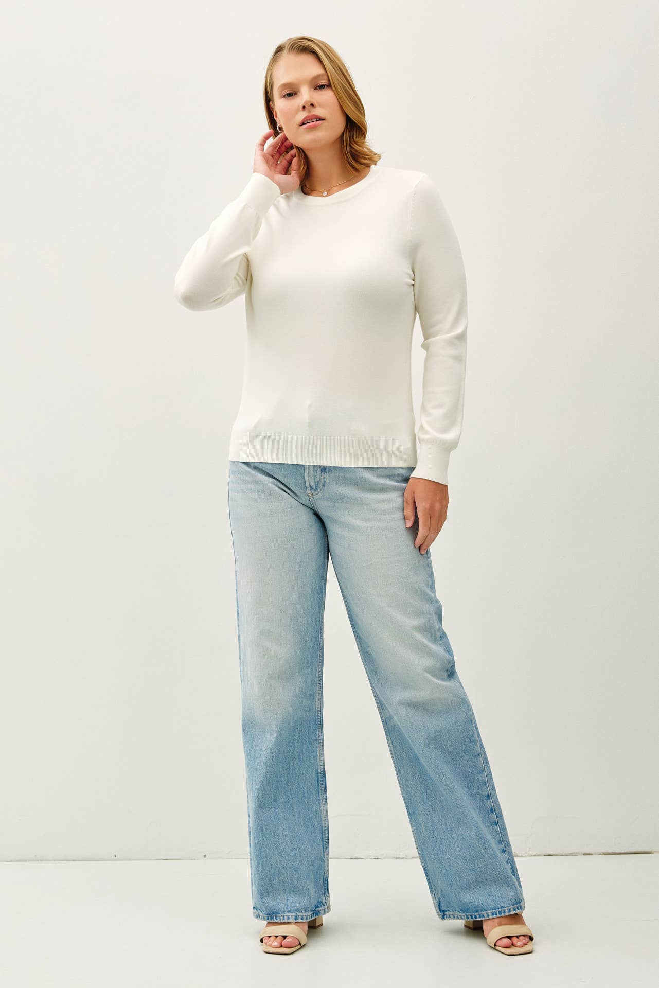 +Basic Crewneck Soft Knit Sweater: Off-White