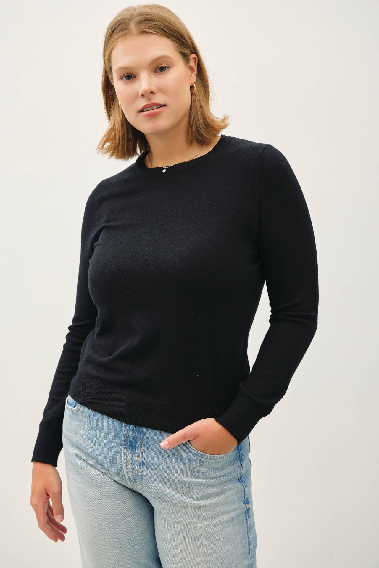 +Basic Crewneck Soft Knit Sweater: Black