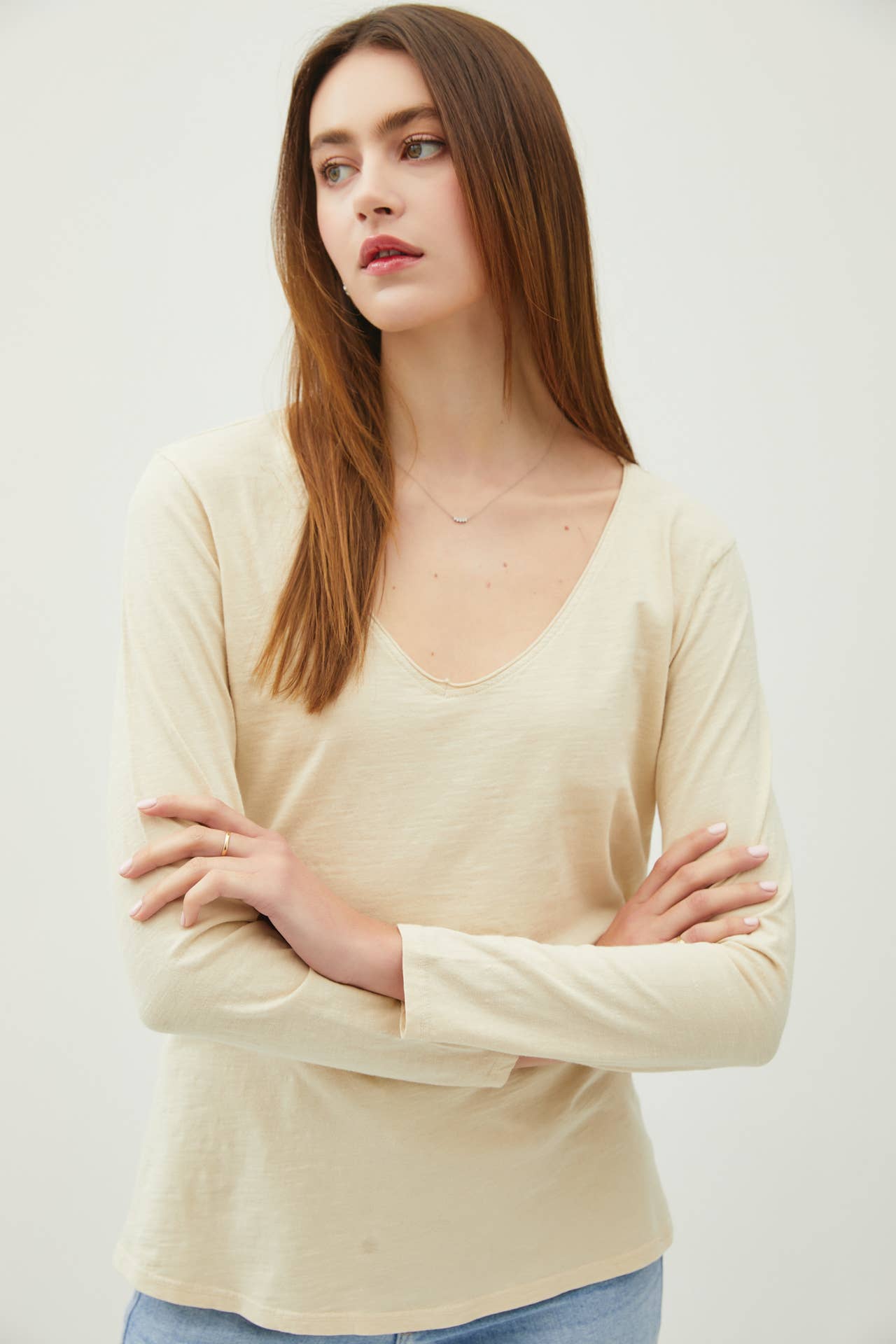 Cotton V-Neck Long Sleeve- Beige