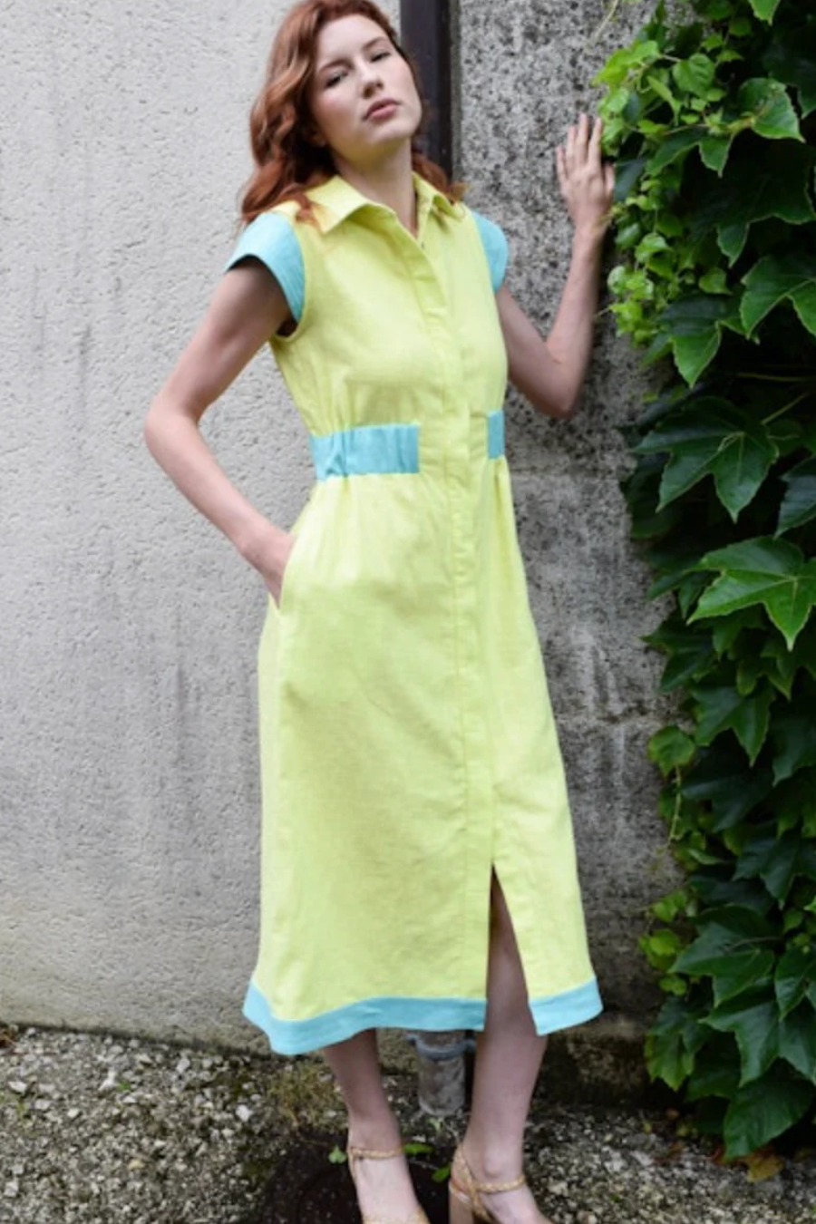 Epaulet Shirt Dress- Lime + Aquamarine