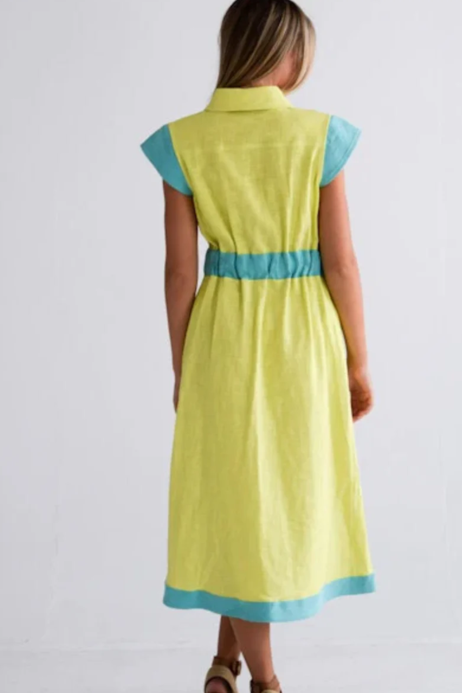 Epaulet Shirt Dress- Lime + Aquamarine
