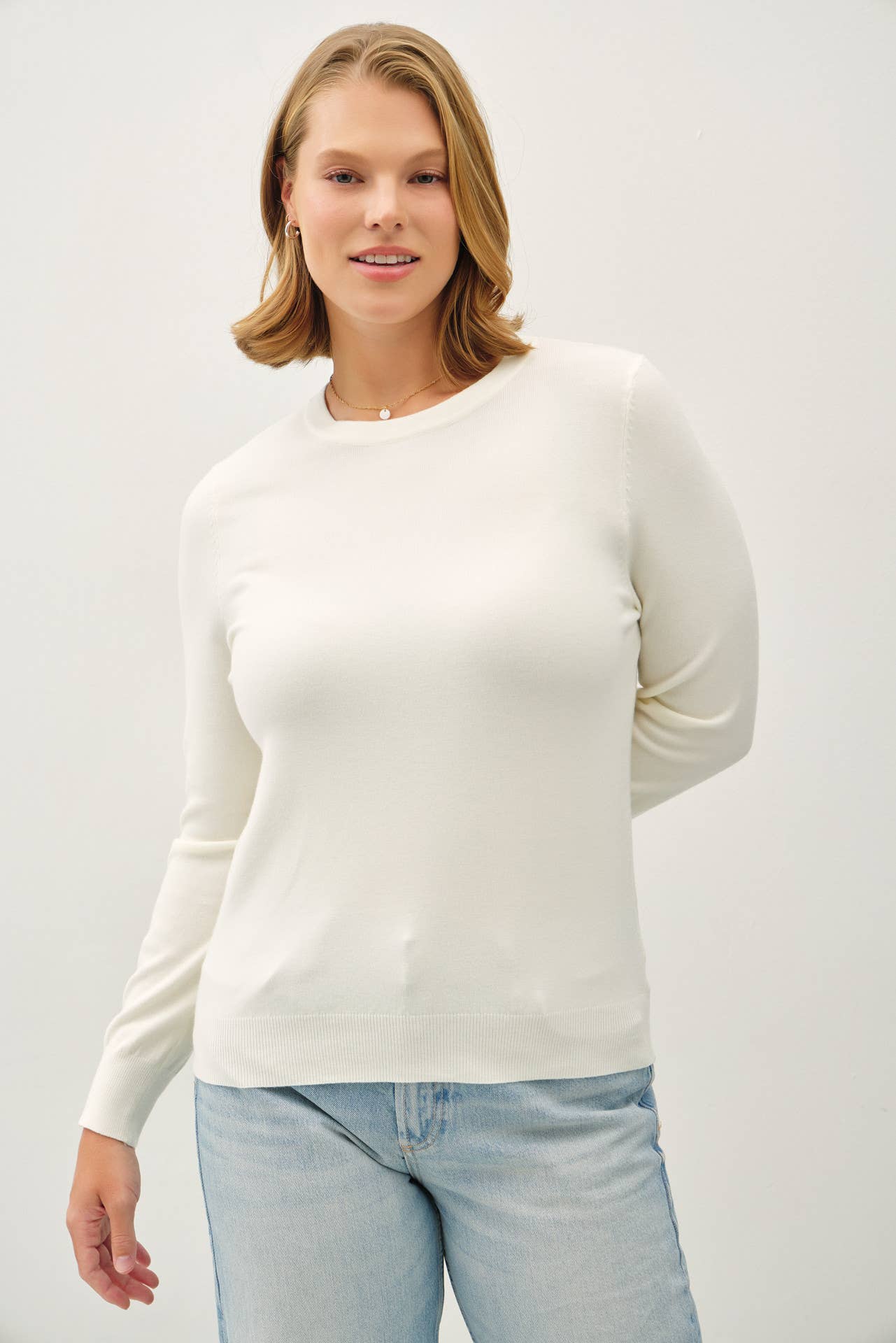 +Basic Crewneck Soft Knit Sweater: Off-White
