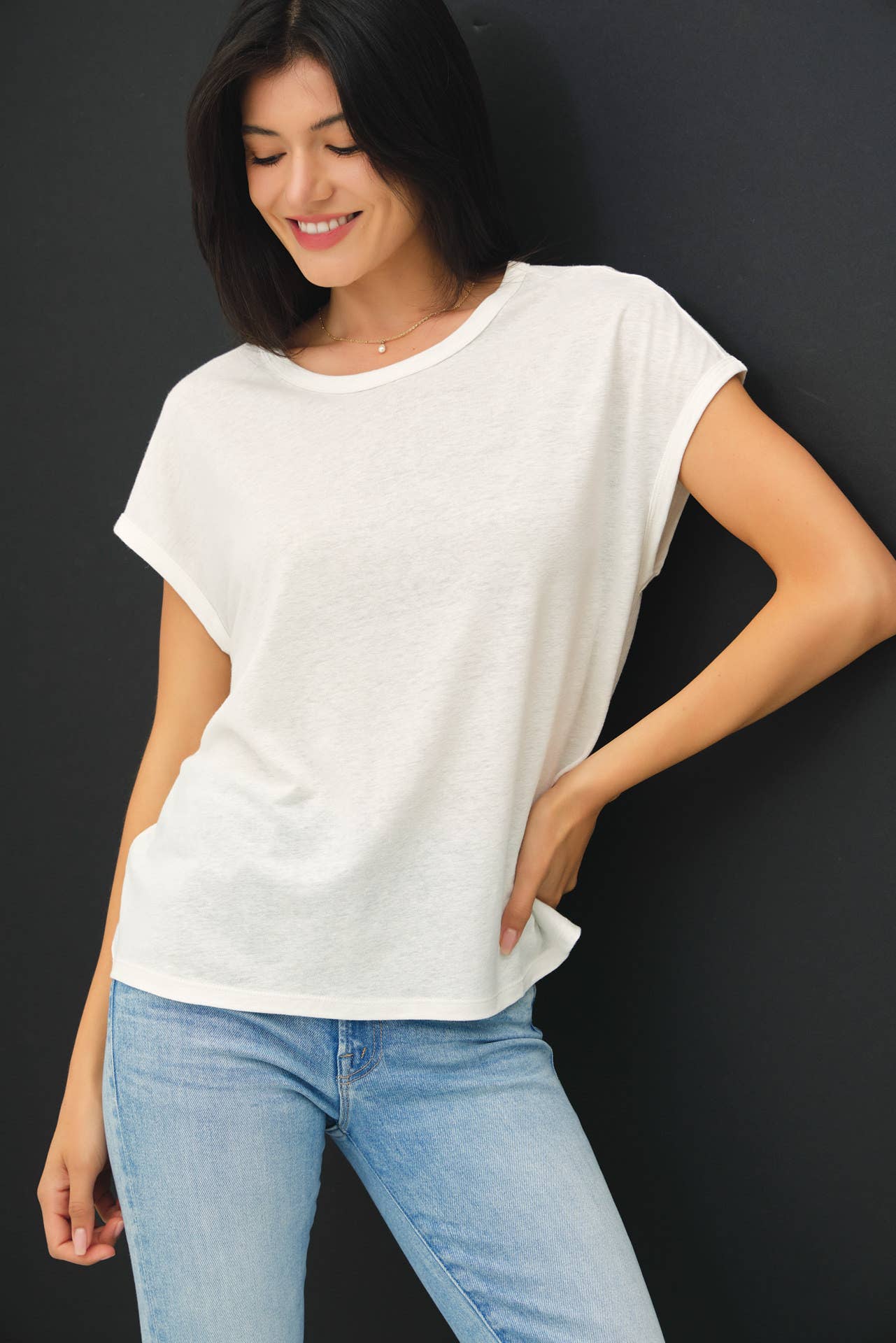 Boxy Linen Cap Sleeve Tee- Off-White