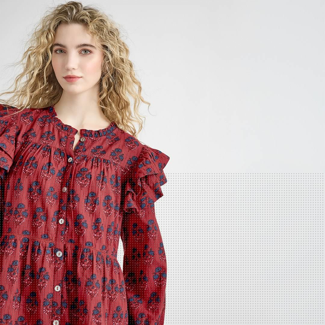 Womens Kalani Double Ruffle Dress- Red Autumn Strawflower