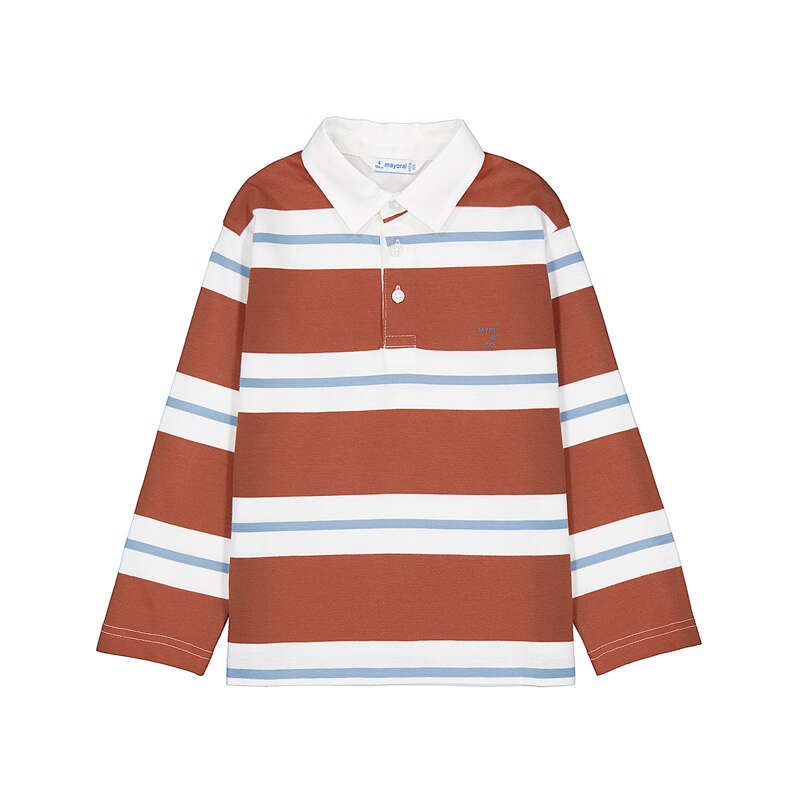 Long Sleeve Striped Polo - Brick Red