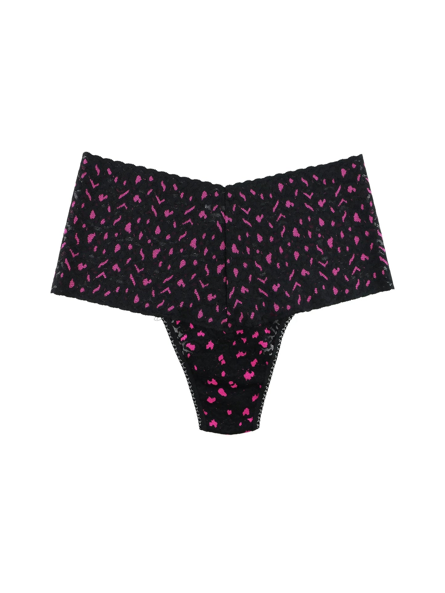 Plus Size Leopard Retro Lace Thong- Black + Tulip Pink