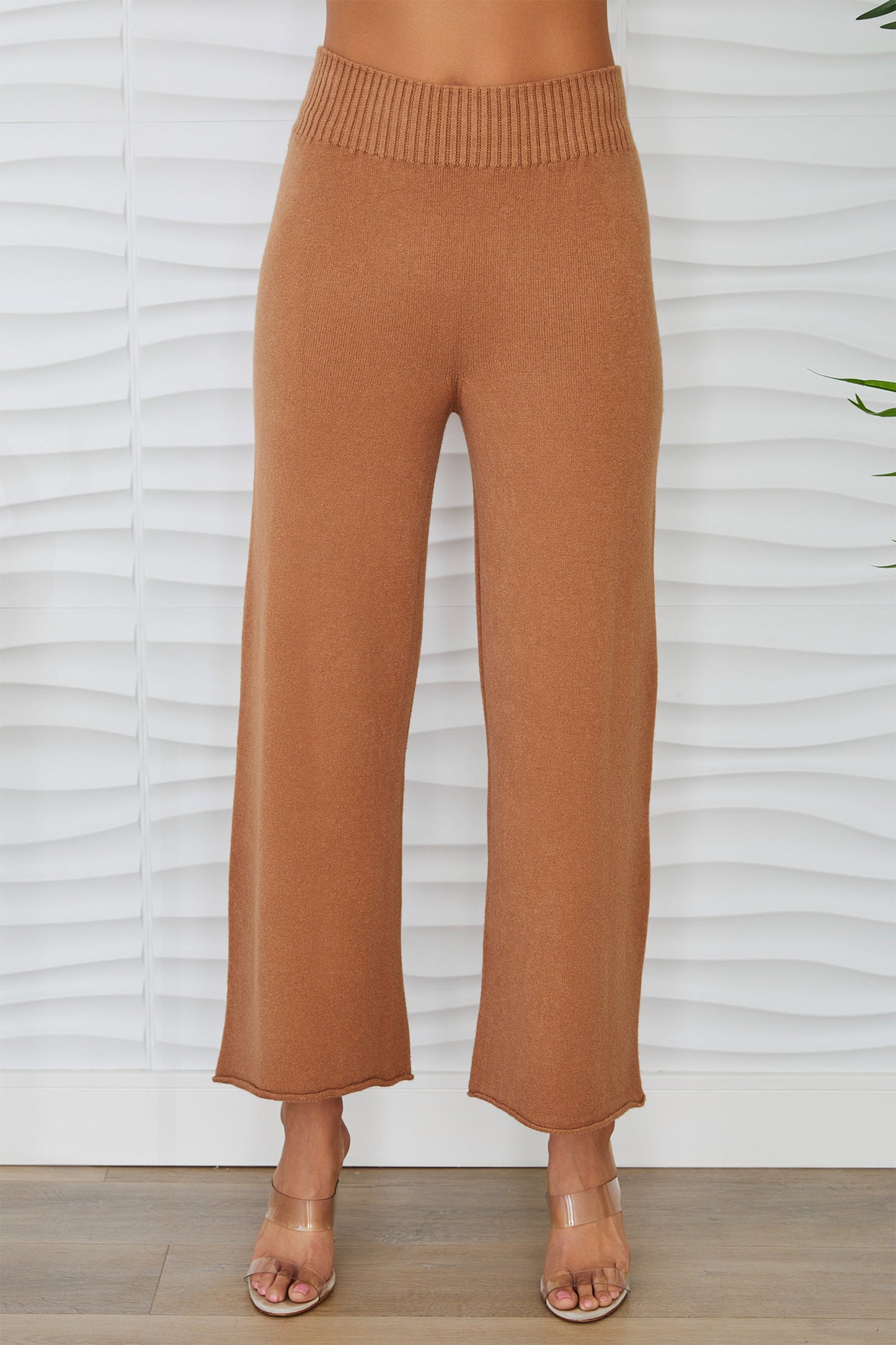 Crop Knit Flare Cozy Pant- Camel