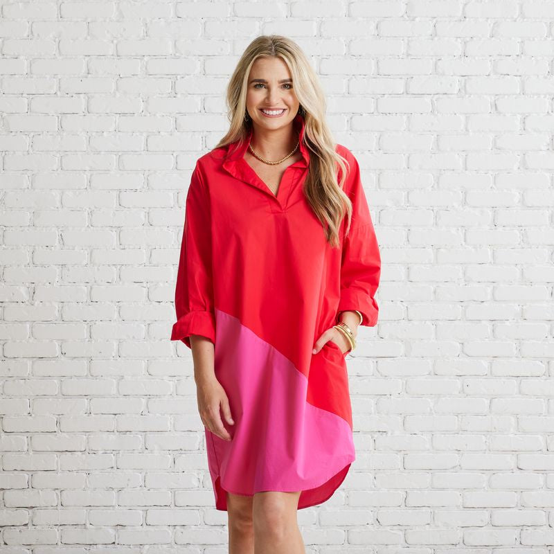 Preppy Asymmetrical Dress- Red/Fuchsia