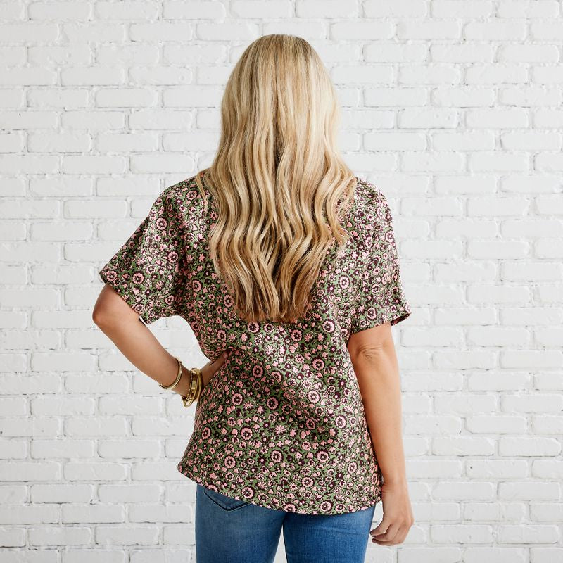 Betsy Jacquard Floral Top- Pink/Green