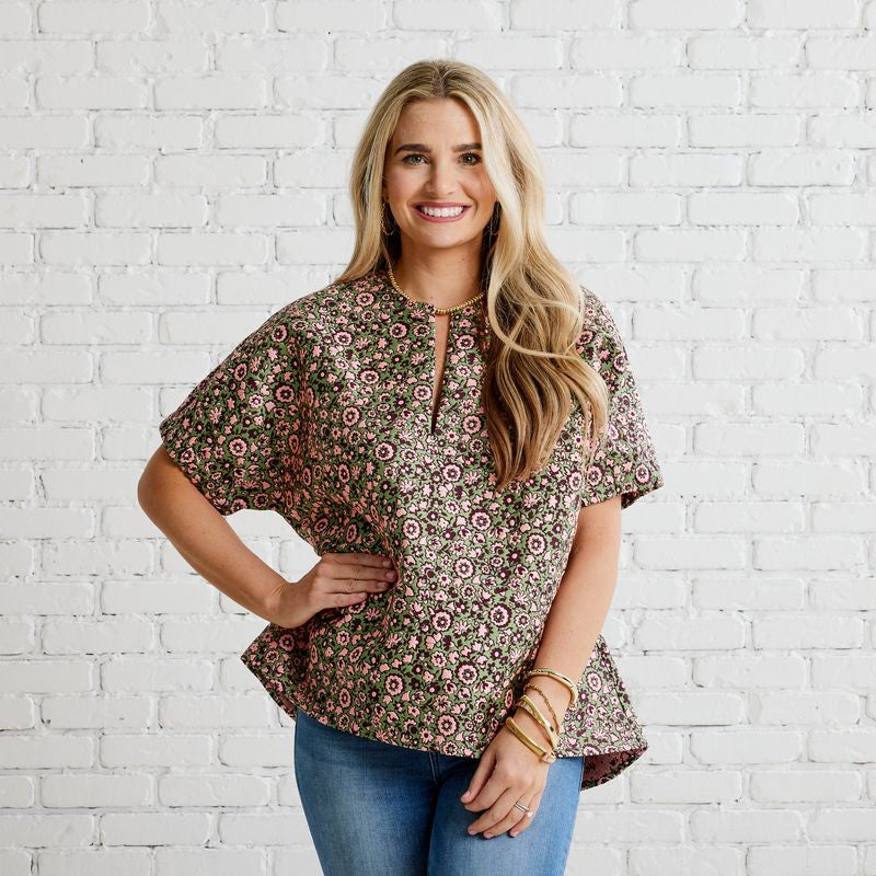Betsy Jacquard Floral Top- Pink/Green