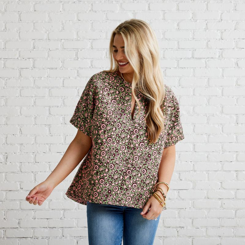Betsy Jacquard Floral Top- Pink/Green