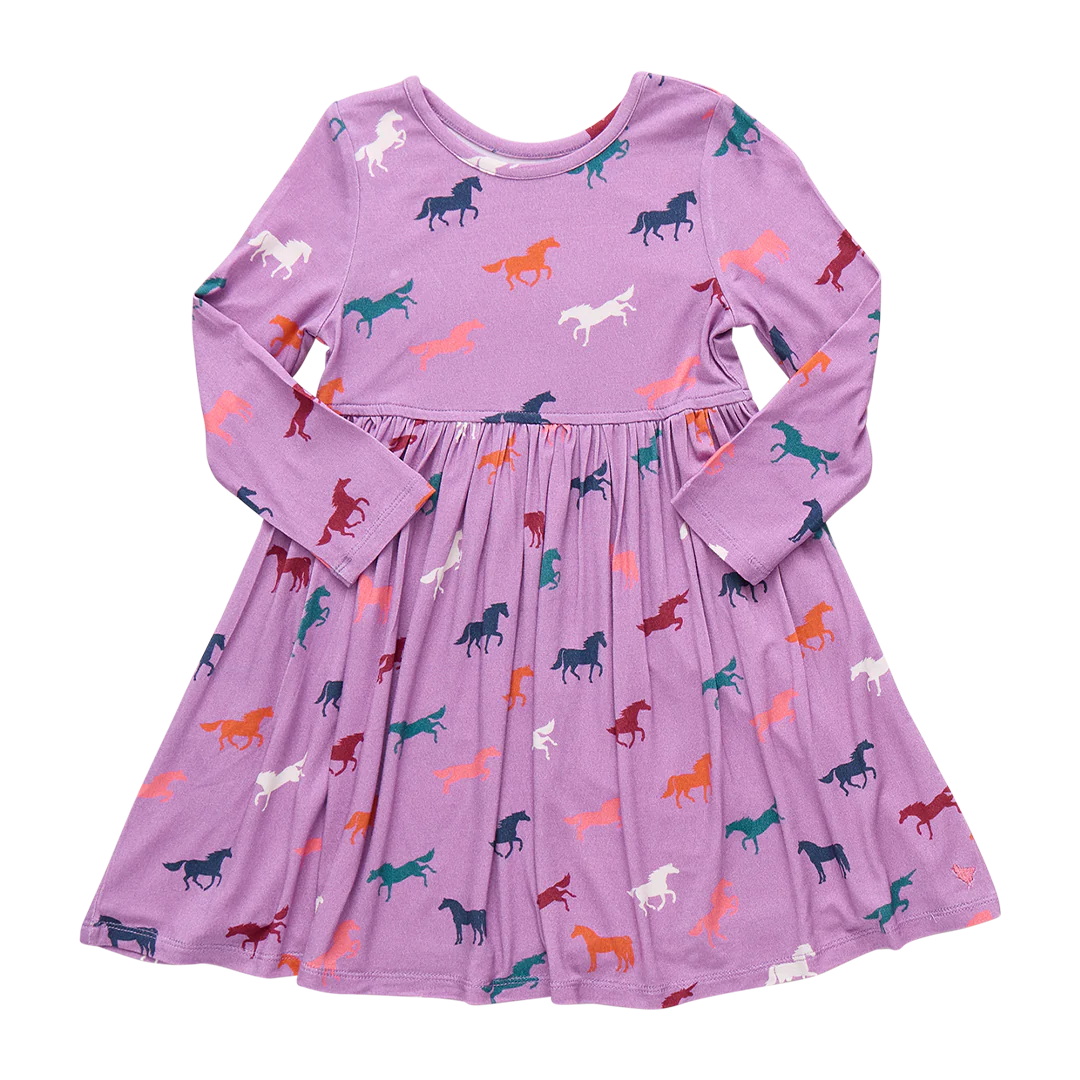 Girls Bamboo Steph Dress- Lavender Multi Horses