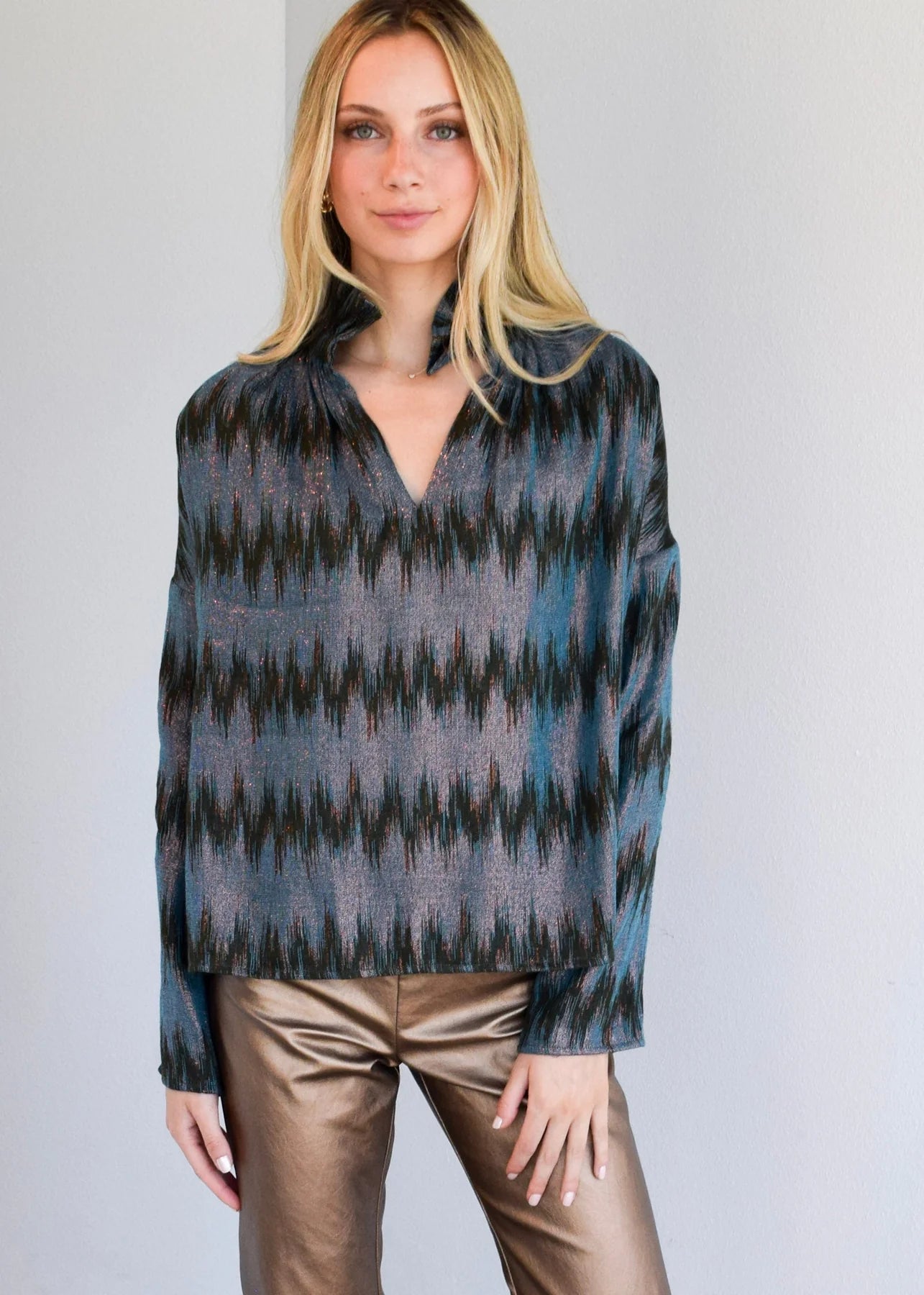 Vicki Long Sleeve Top- Teal Sparkle Ikat