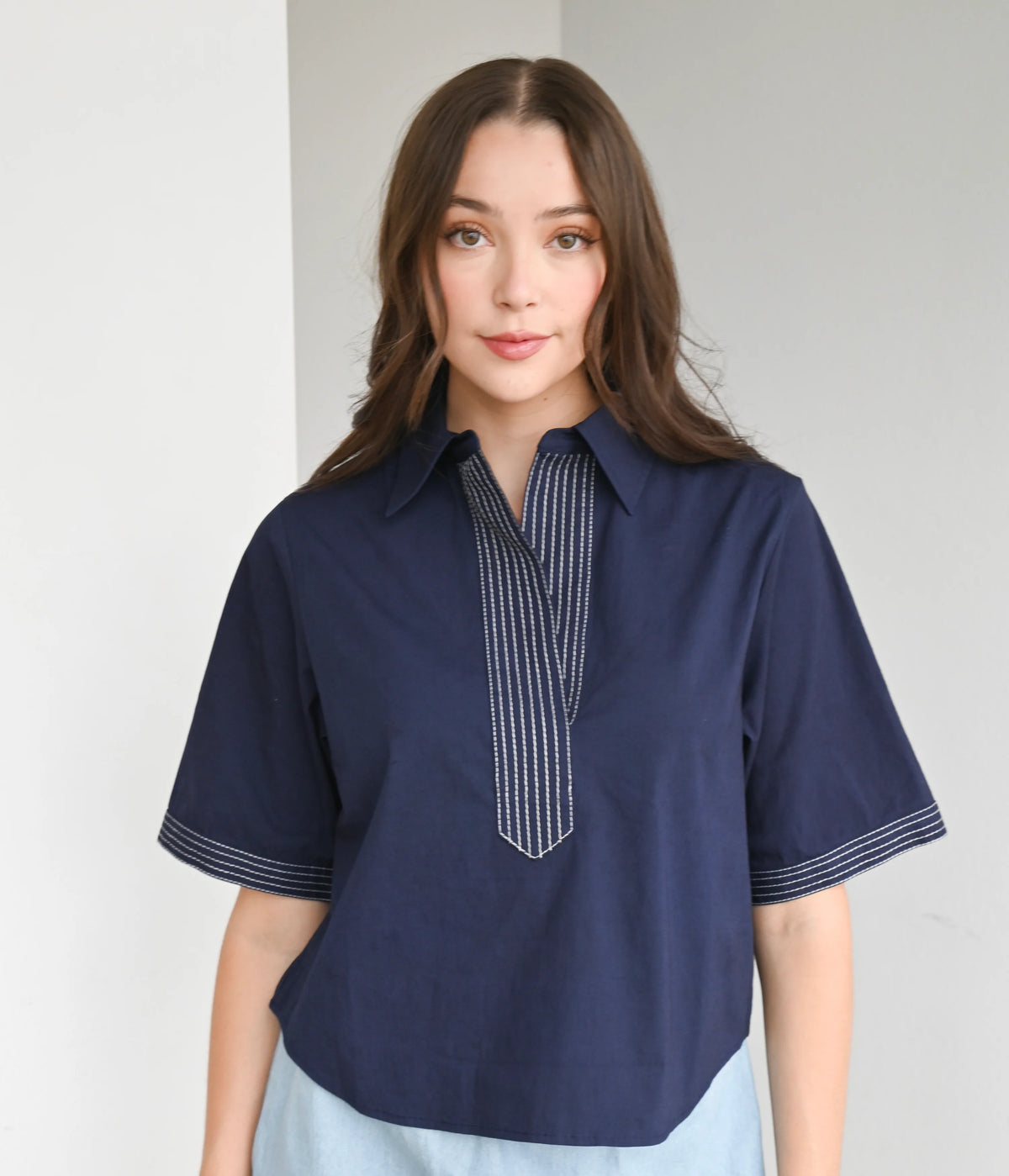 Navy Split-Neck Top