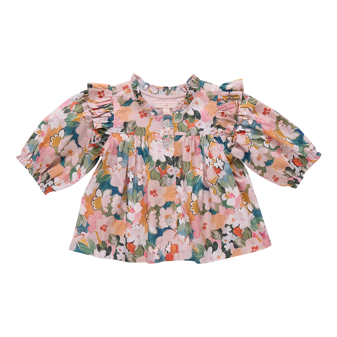 Girls Kalani Button Up Top- Watercolor Floral