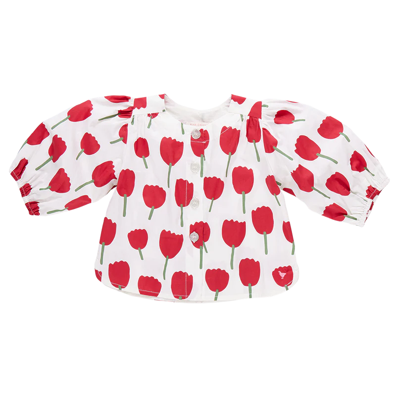 Girls Brooke Button Up Top- Red Tulips