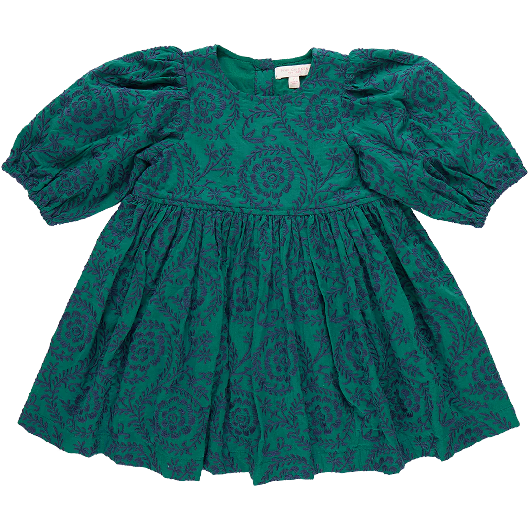 Girls Brooke Dress- Evergreen Blooming Embroidery