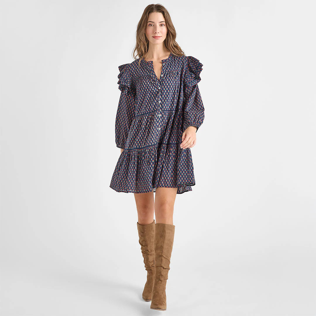 Womens Kalani Double Ruffle Dress- Navy Carnation
