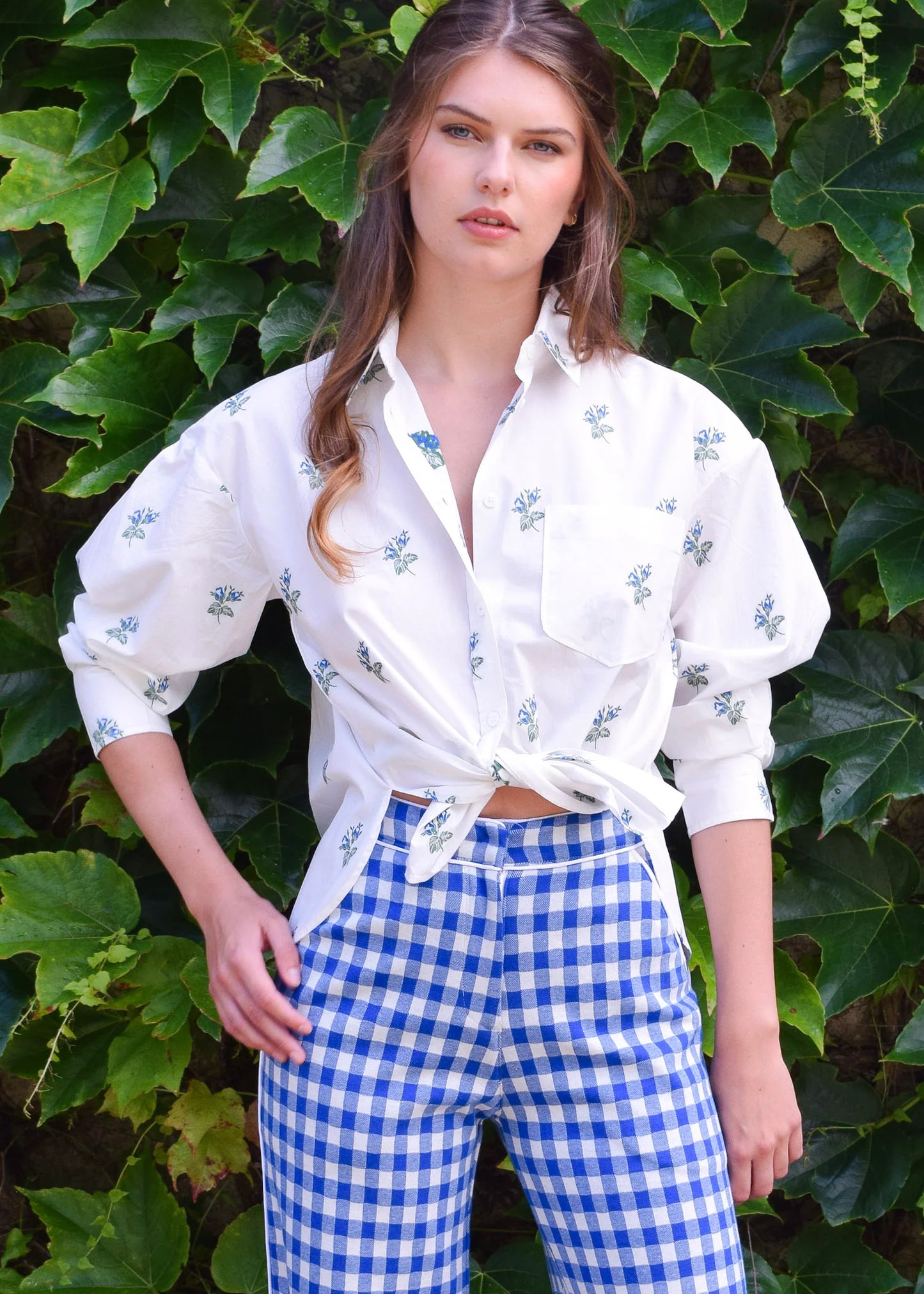 Oversized Top- Blue + Green Jacquard