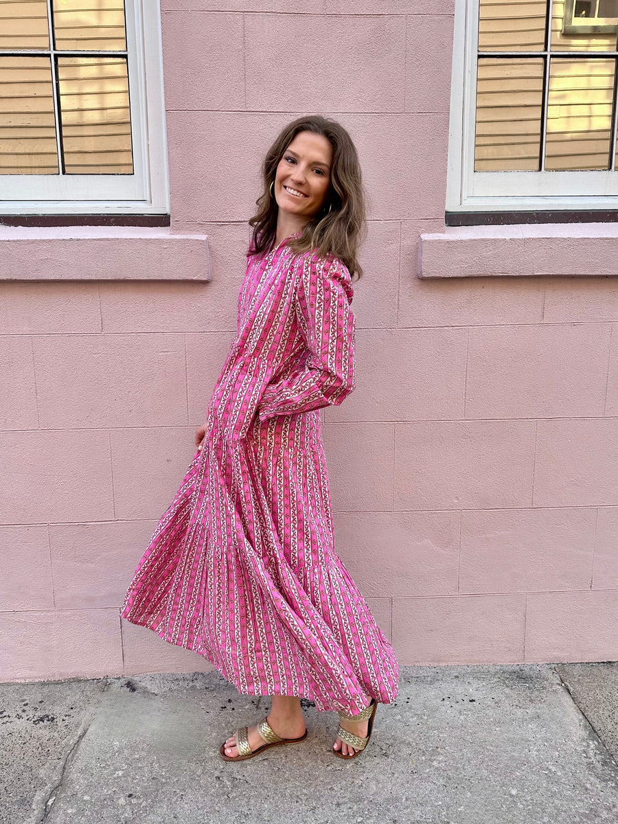 Folly Midi Dress- Pink Striped Vine