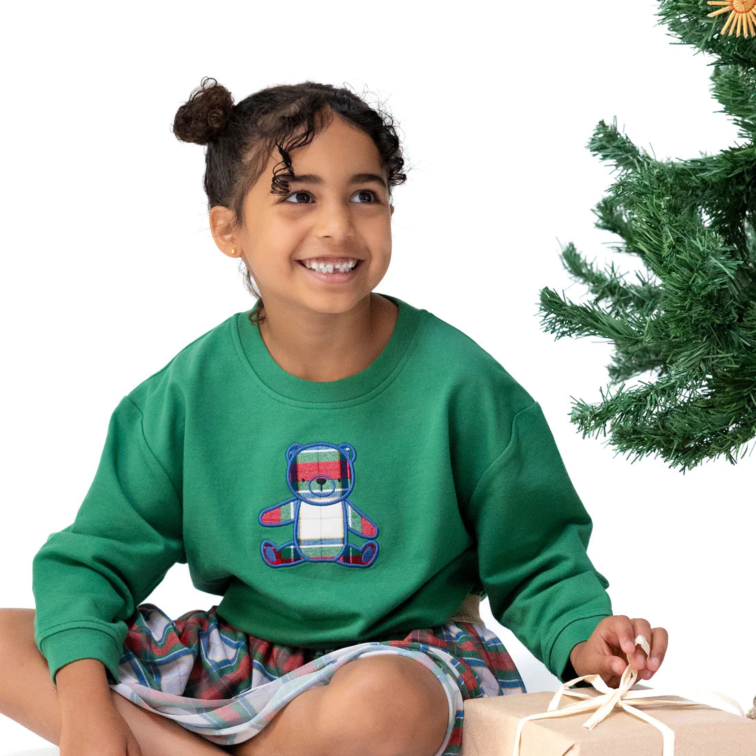 Drop Sleeve Sweatshirt- Holiday Plaid Bear
