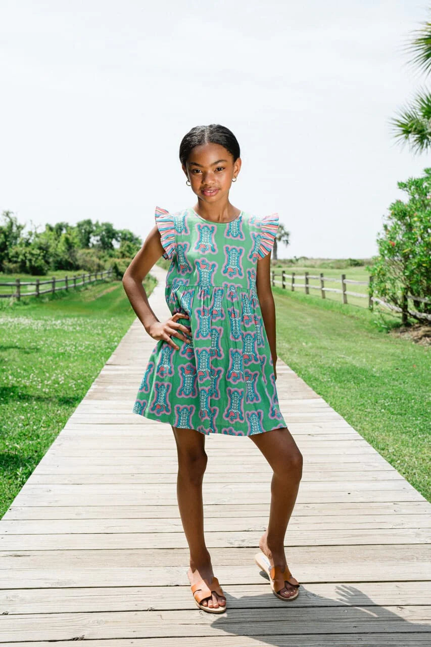 Girls Logan Tiger Dress- Summer Green