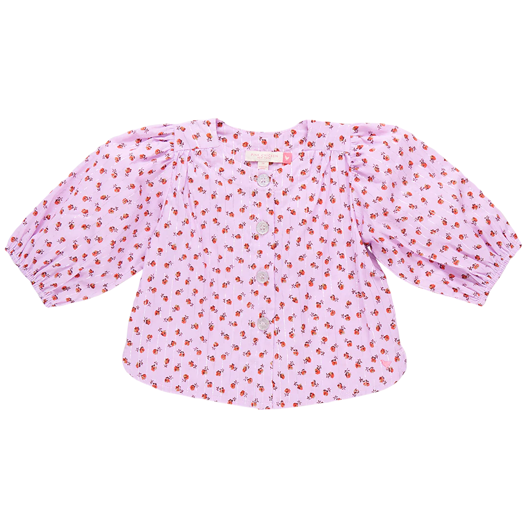 Girls Brooke Button Up Top- Lavender Tiny Roses