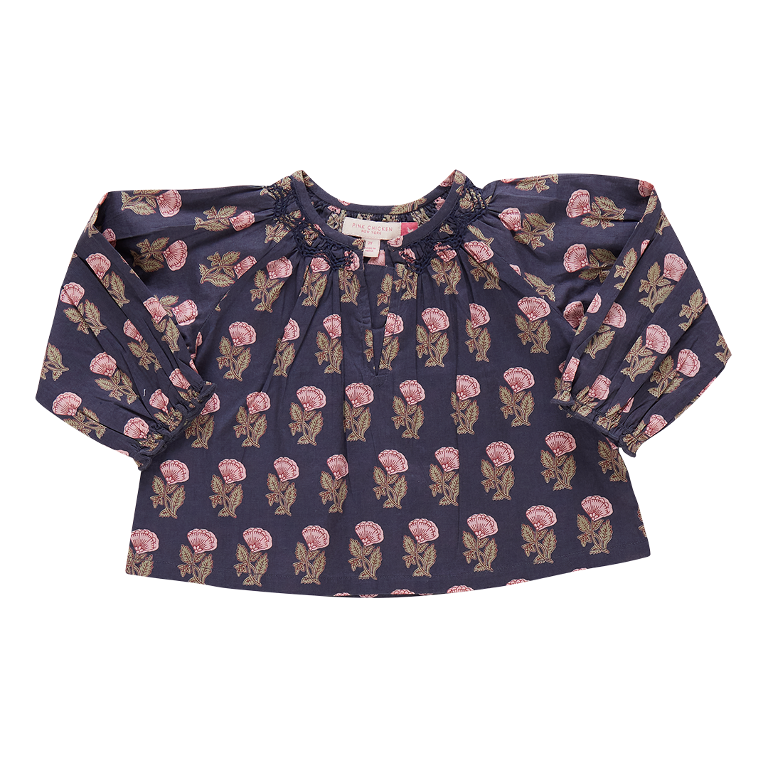 Girls Ava Top- Navy Flower Drop