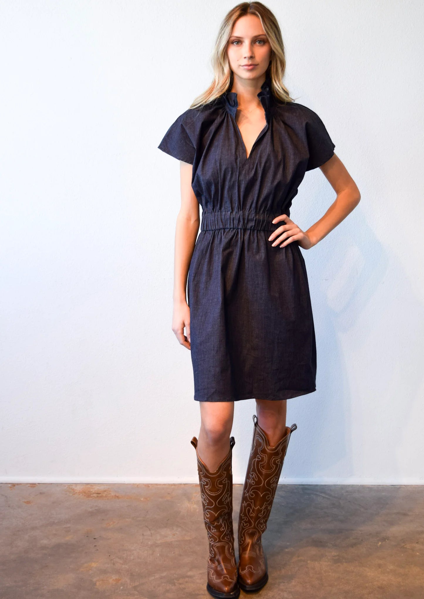 Vicki Short Sleeve Elastic Waist Dress- Dark Denim