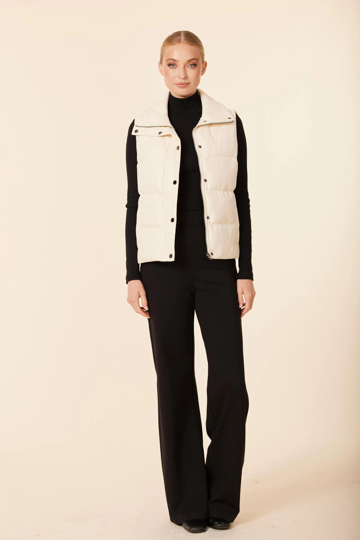 Vegan Leather Puffer Vest- Creme
