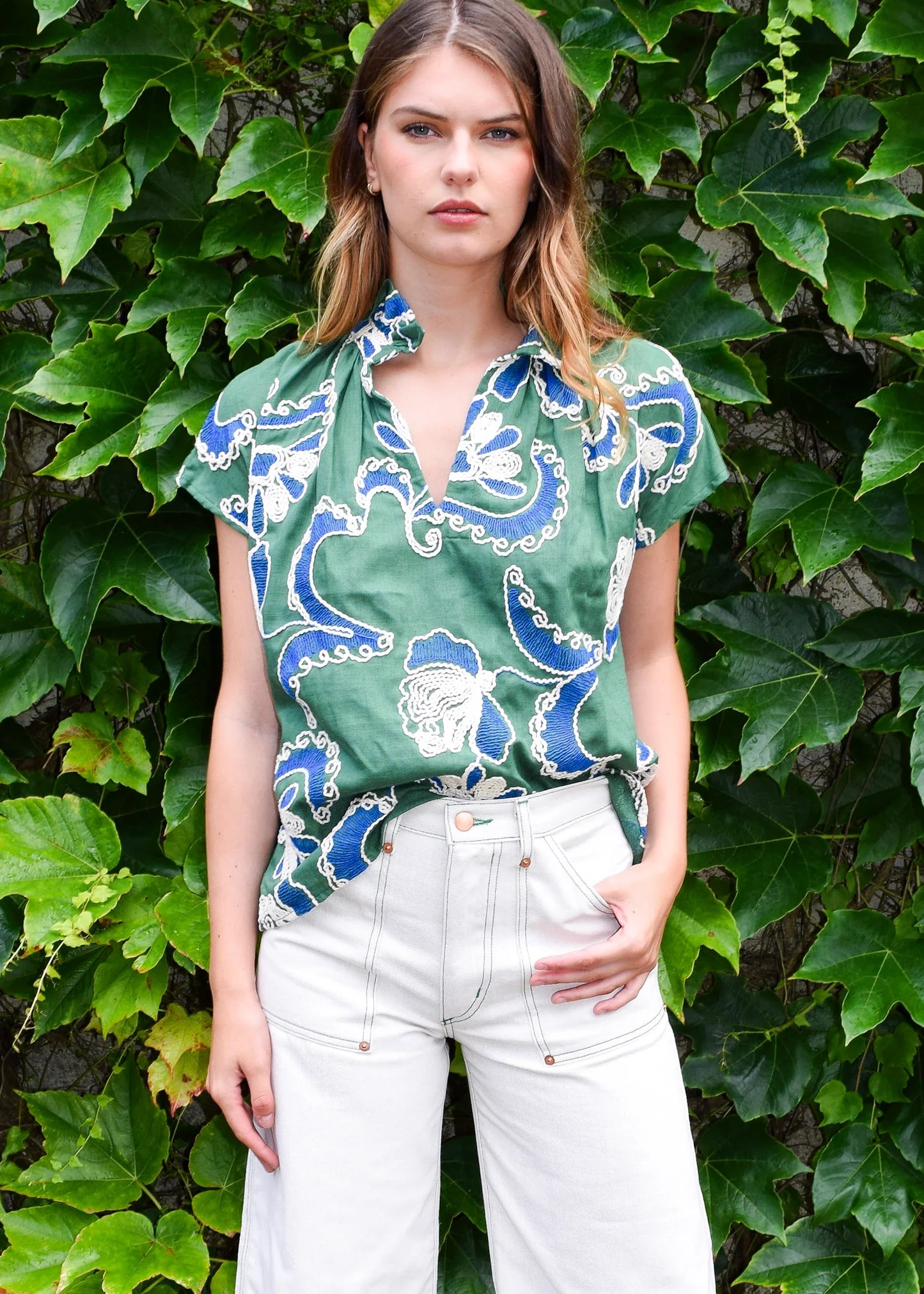 Vicki Short Sleeve Top- Crewel Work