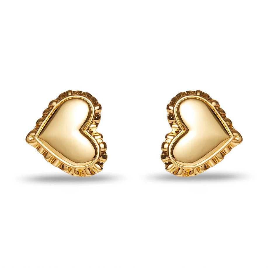 Gold Heart Ruffle Button Earrings