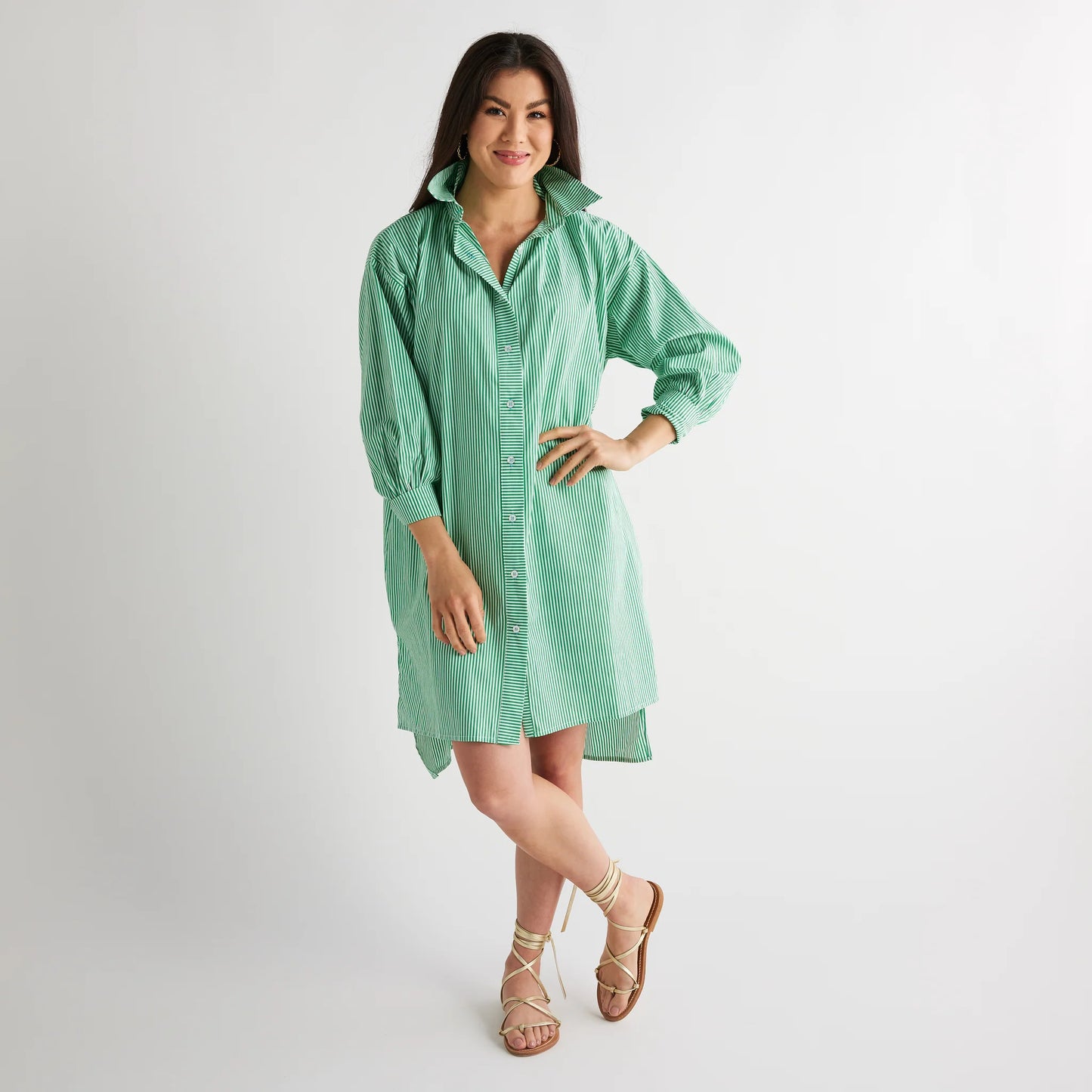Janie House Dress- Green Stripe