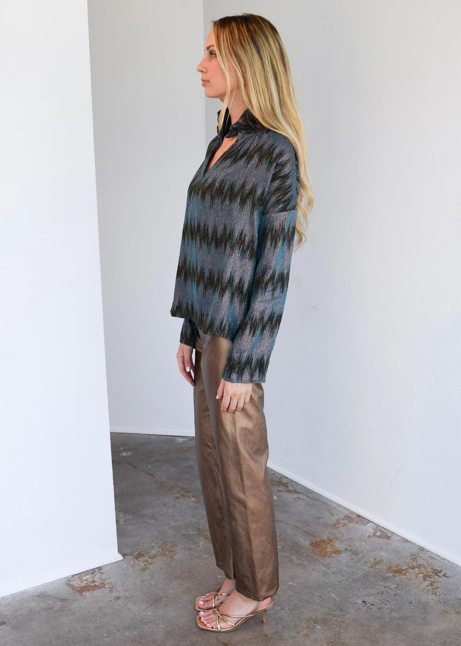 Vicki Long Sleeve Top- Teal Sparkle Ikat