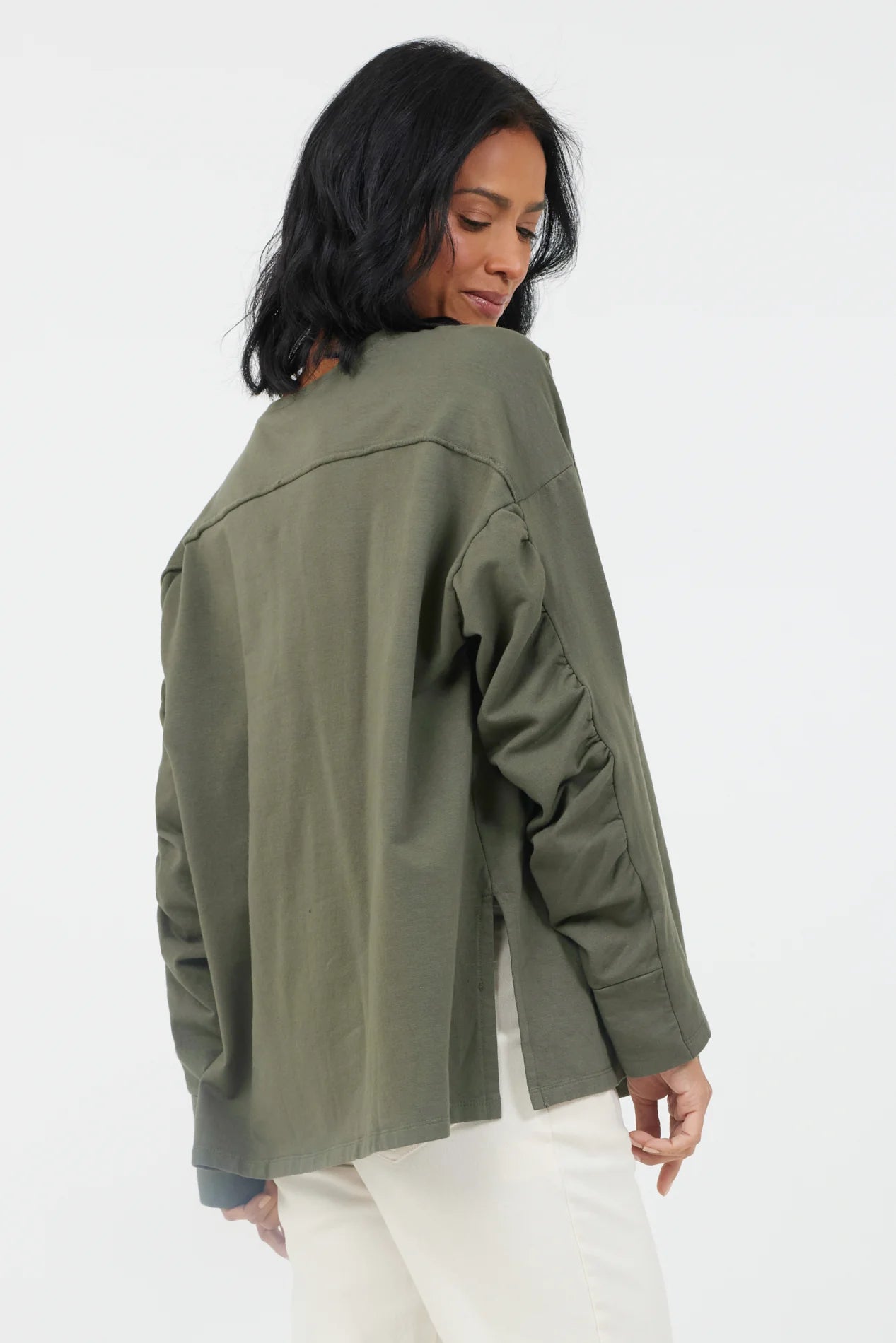 Jamelia Ruched Sleeve Sweatshirt- Olive