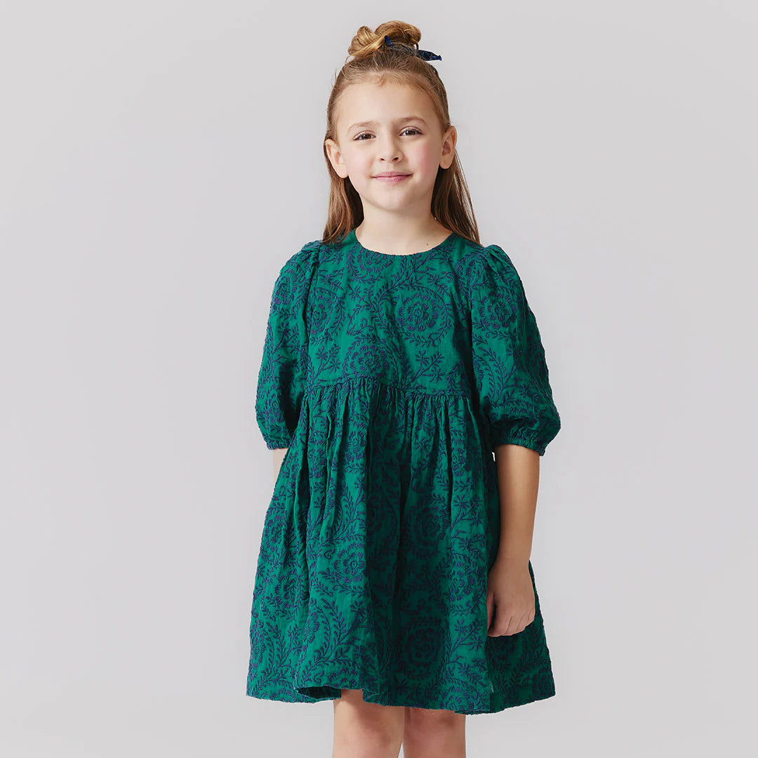 Girls Brooke Dress- Evergreen Blooming Embroidery