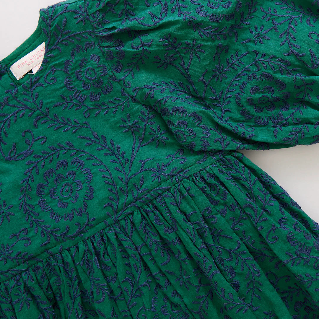 Girls Brooke Dress- Evergreen Blooming Embroidery