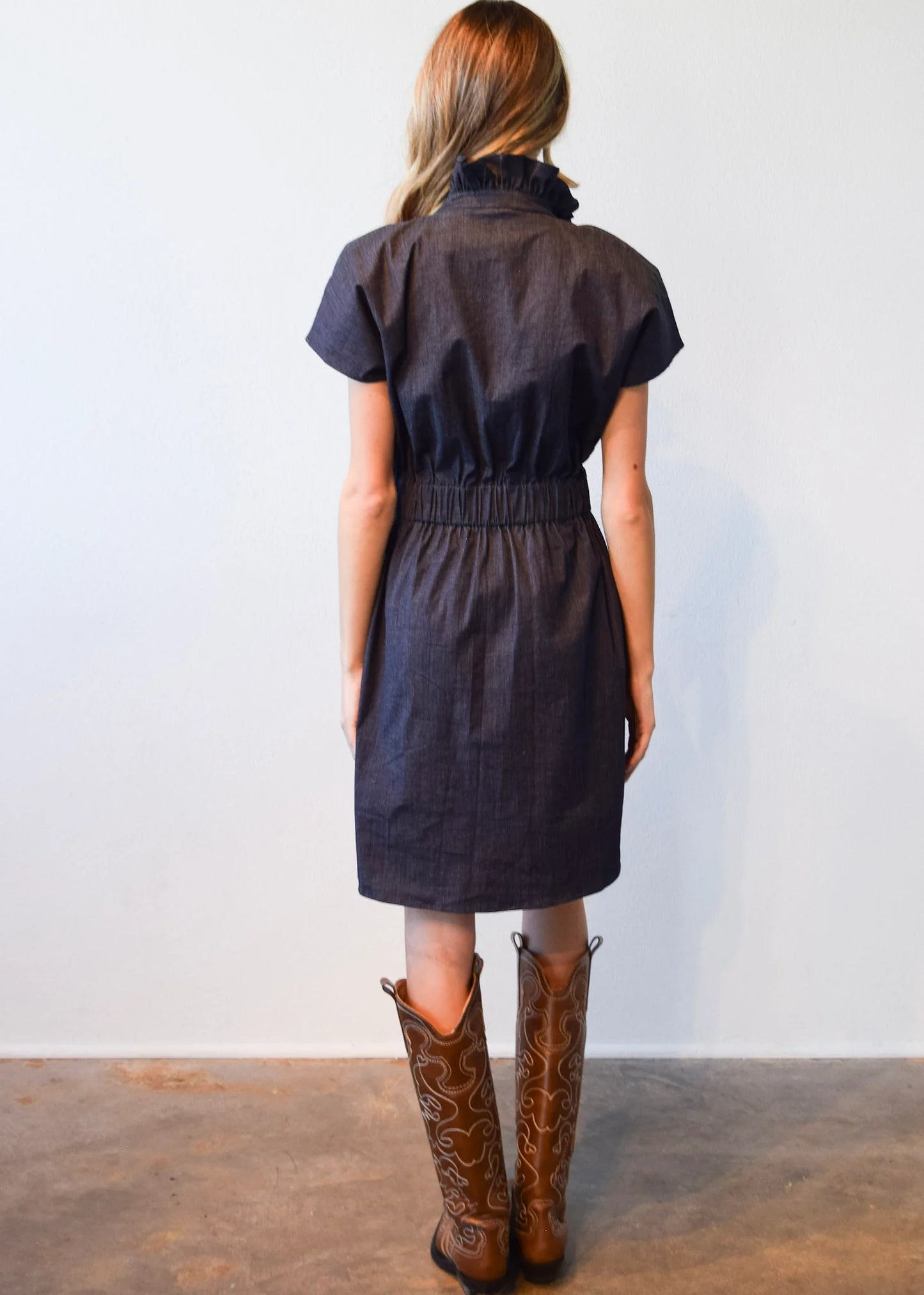 Vicki Short Sleeve Elastic Waist Dress- Dark Denim