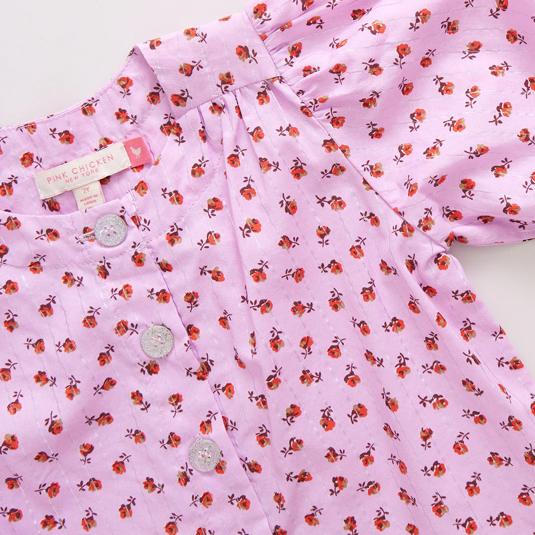 Girls Brooke Button Up Top- Lavender Tiny Roses