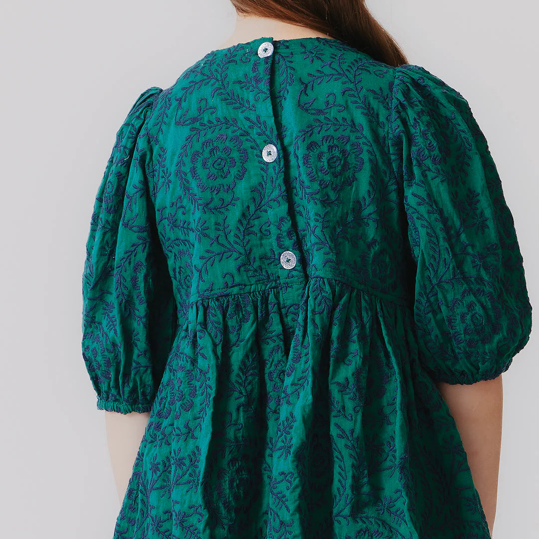 Girls Brooke Dress- Evergreen Blooming Embroidery