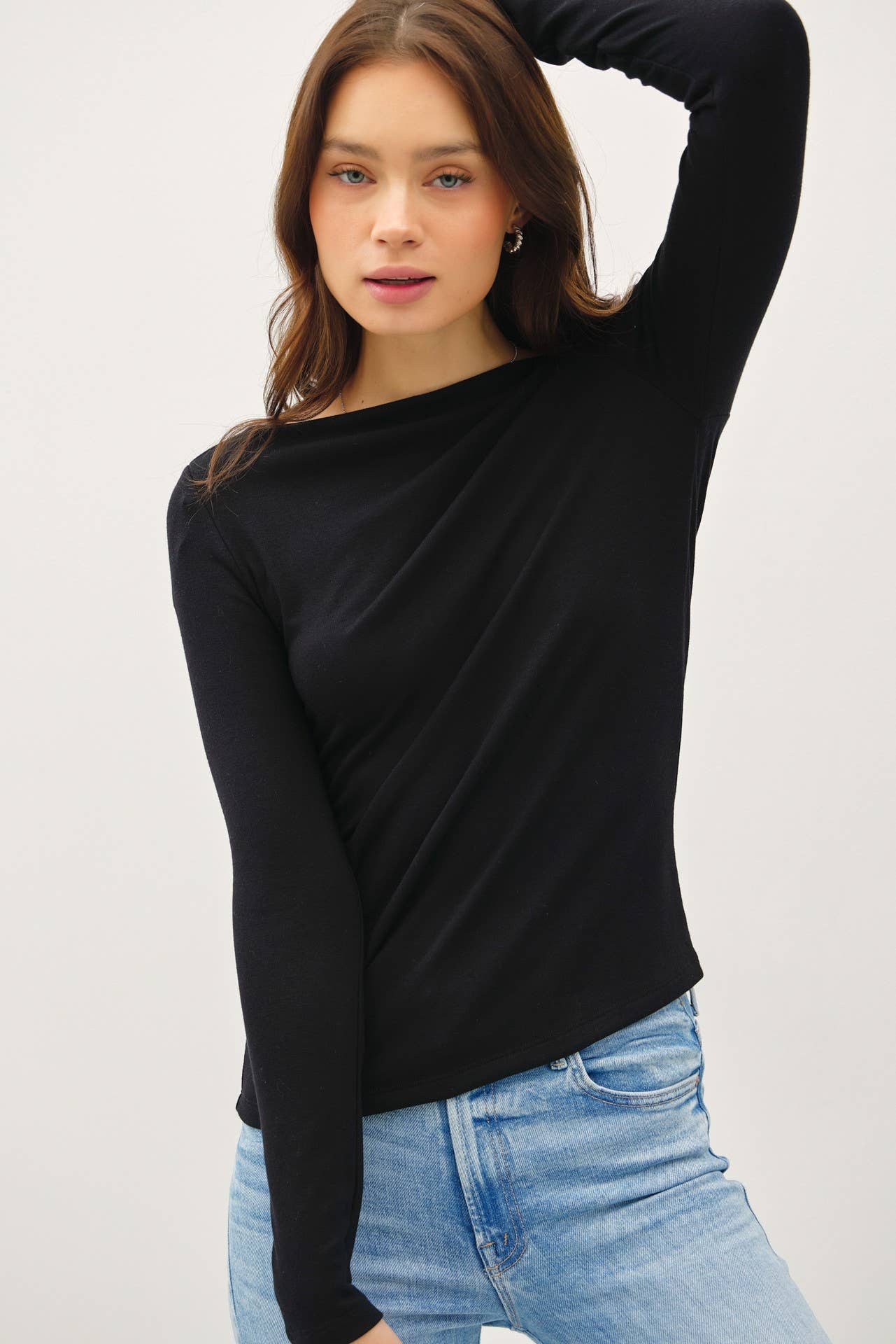 Boat Neck Long Sleeve Knit- Black