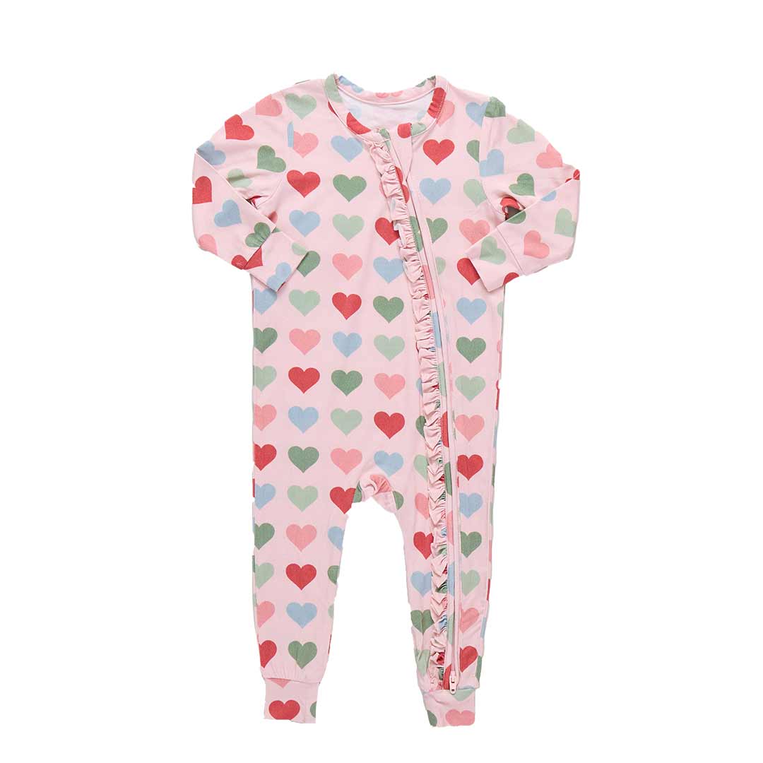 Baby Girls Ruffle Bamboo Romper- Pink Small Hearts