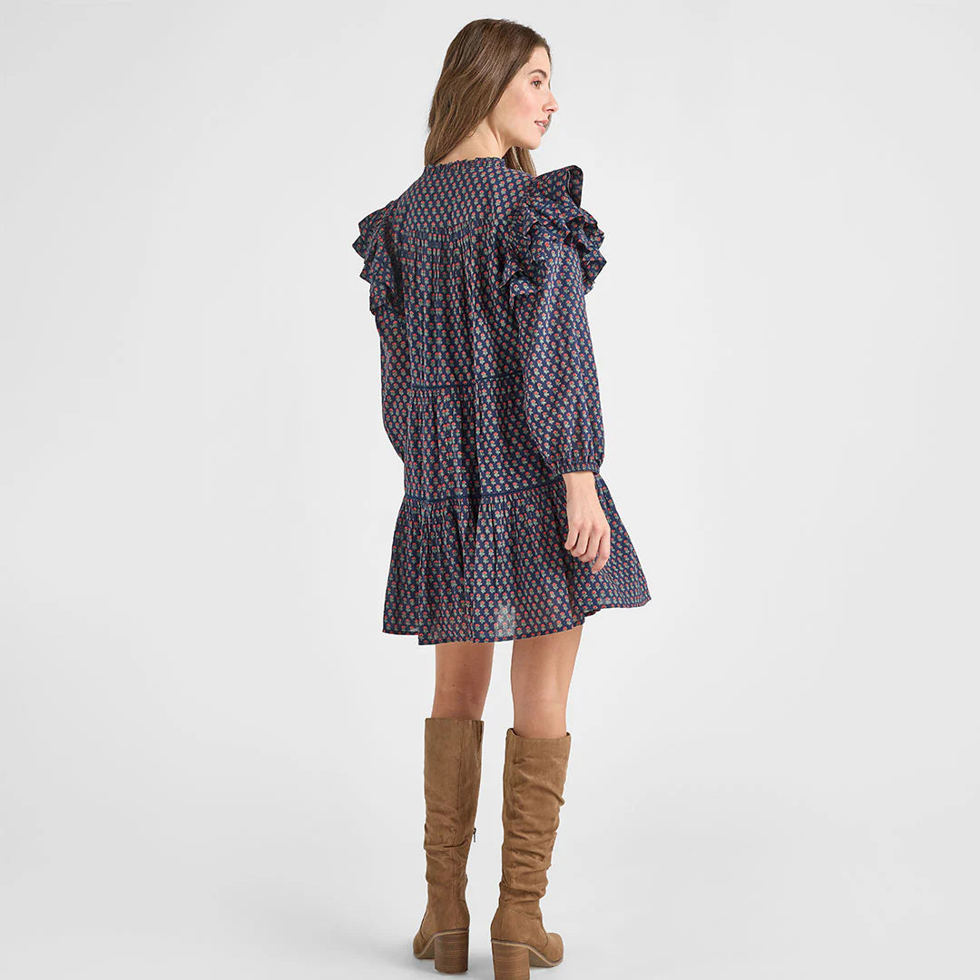 Womens Kalani Double Ruffle Dress- Navy Carnation