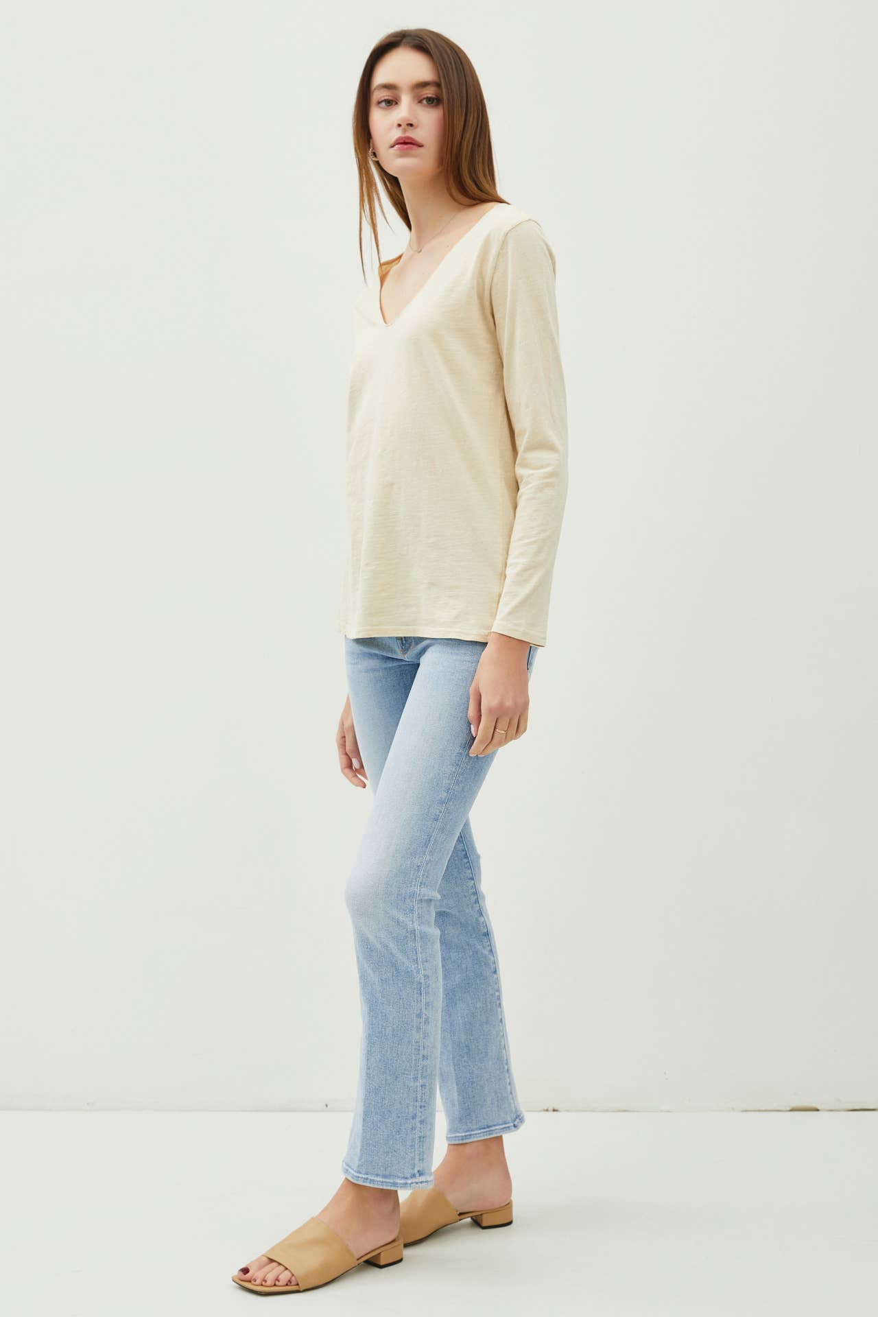 Cotton V-Neck Long Sleeve- Beige