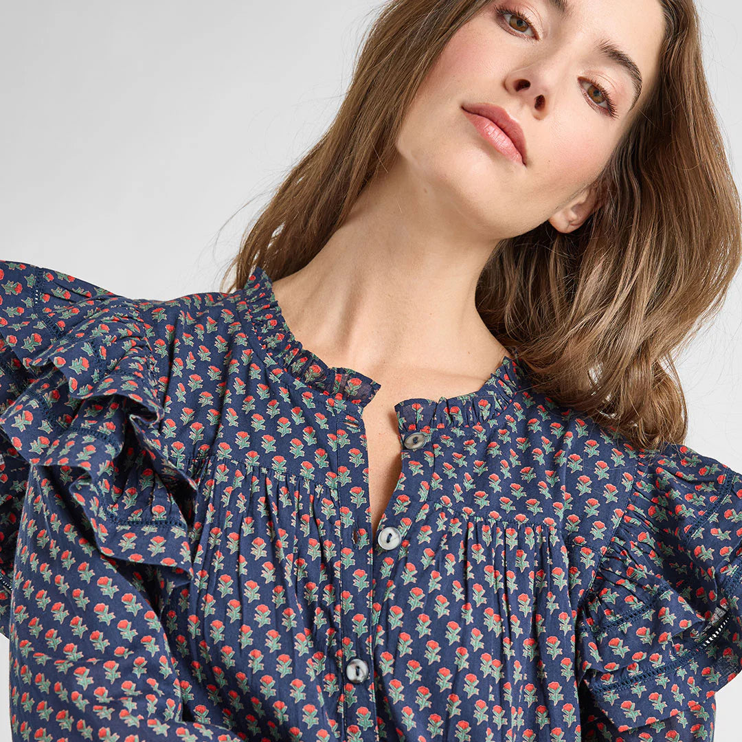 Womens Kalani Double Ruffle Dress- Navy Carnation