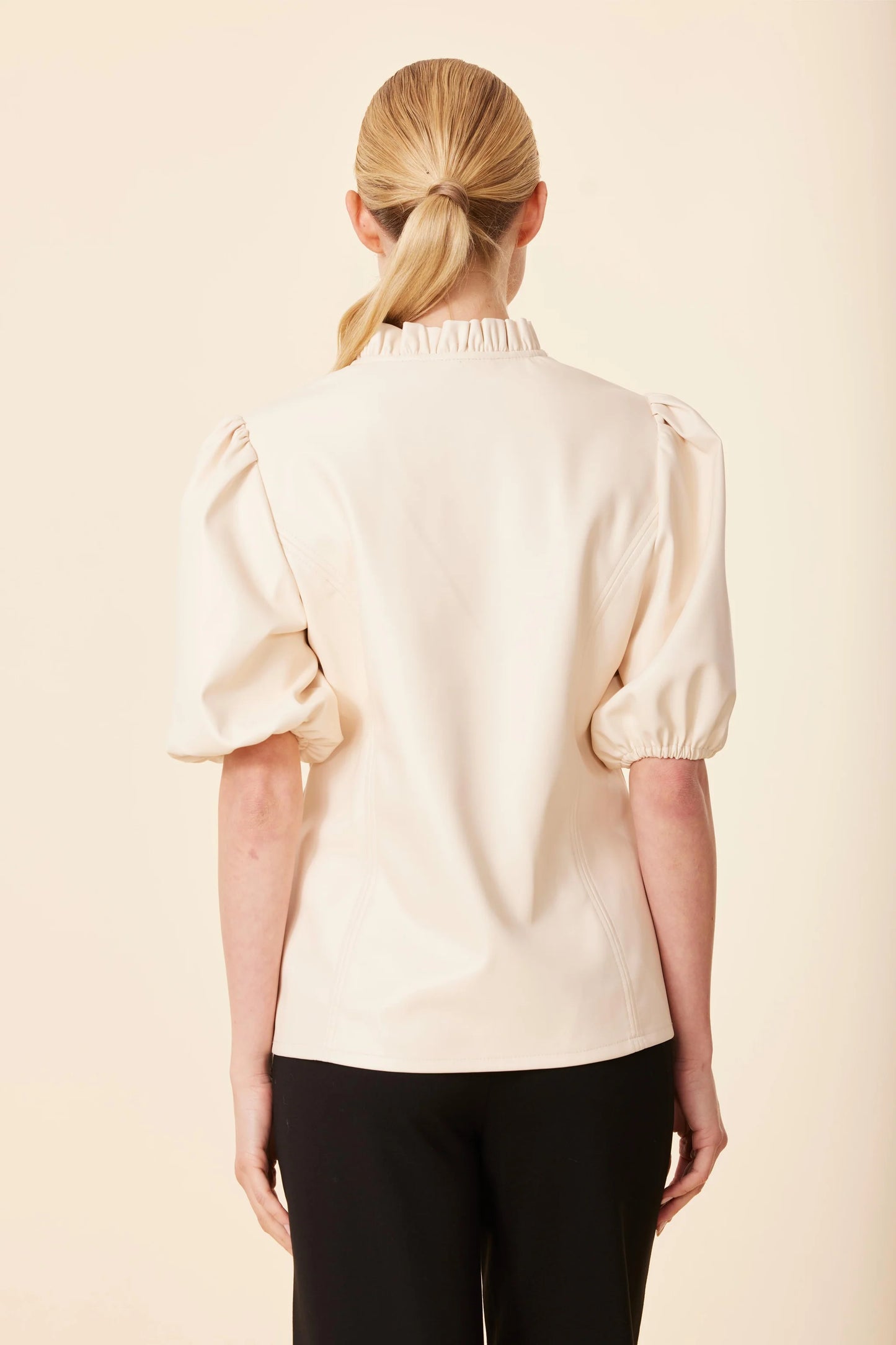 Vegan Leather Ruffle Neck Top- Bone