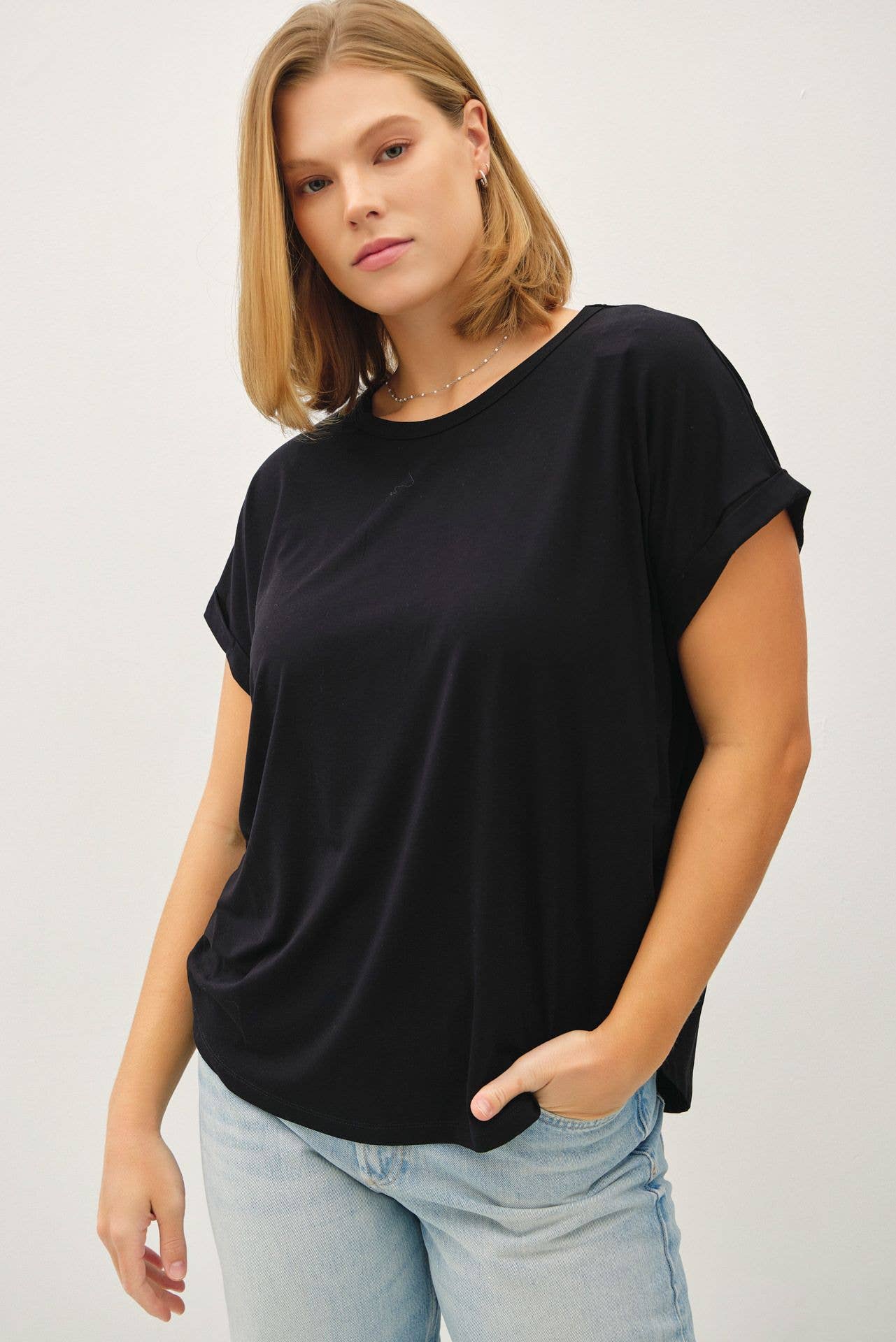 +Bamboo Cap Sleeve Tee: Black